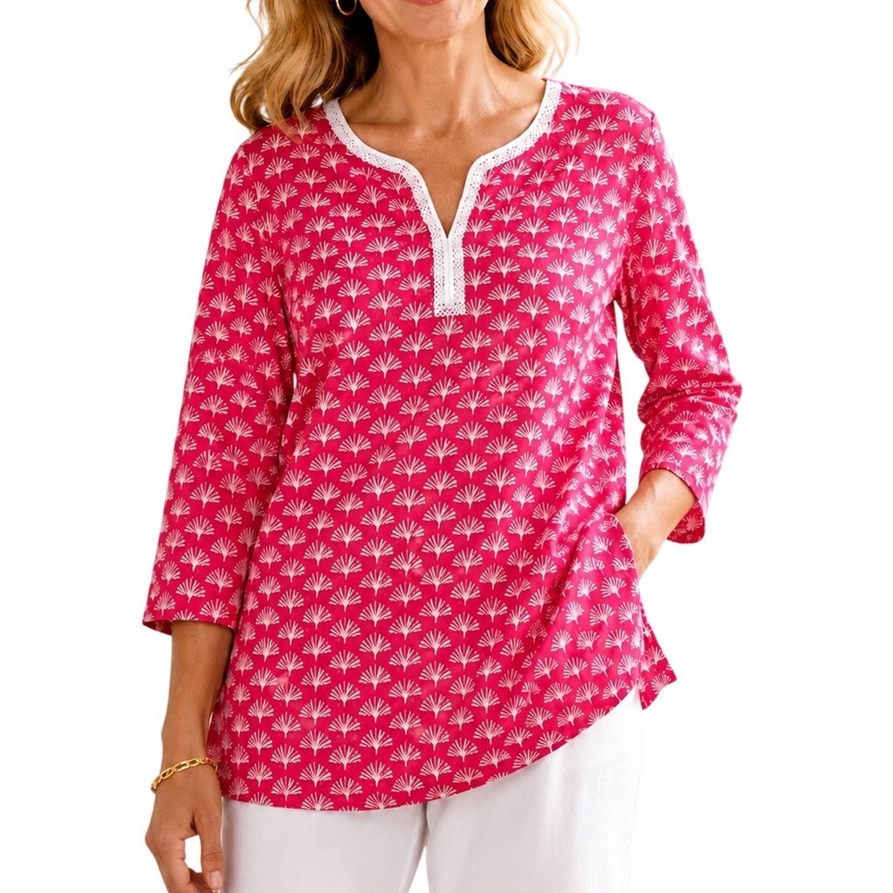 Talbots Women Pink White Tunic Large Palm Leaf Print Crochet Trim V-Neck Cotton